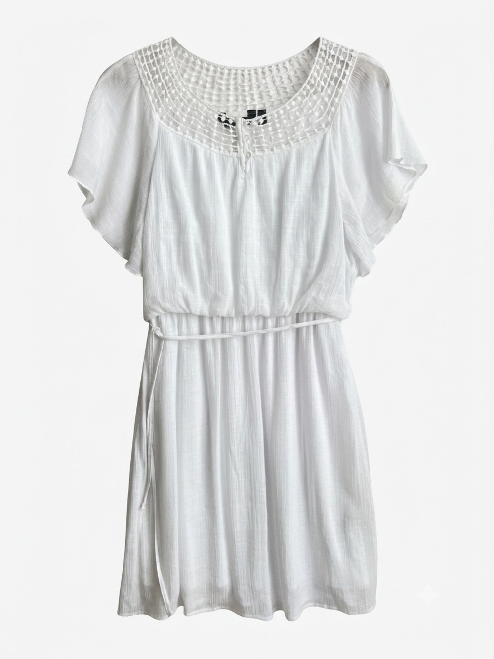 Mlle Gabrielle Woman White Dress Boho Crochet Yoke Tie-Waist Lined Size Medium